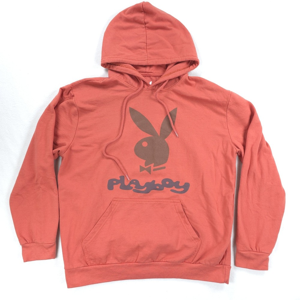 Playboy Hoodie Mens Medium Orange Pullover Fleece Graphic Bunny Streetwear Y2K